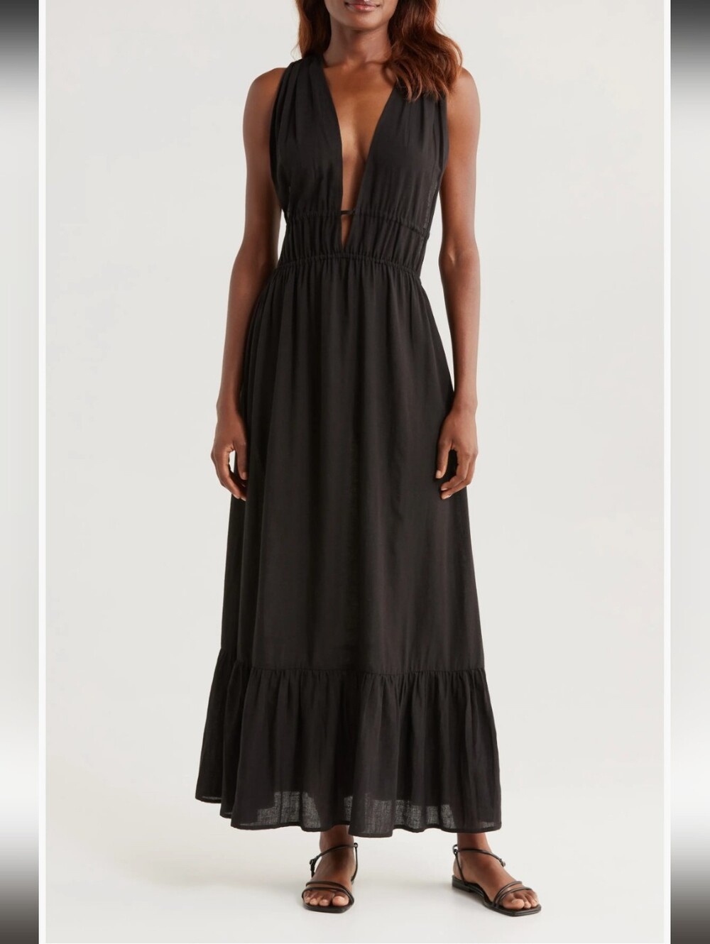 Nordstrom Black Ruched Tiered Sleeveless Deep V Cover-up_M